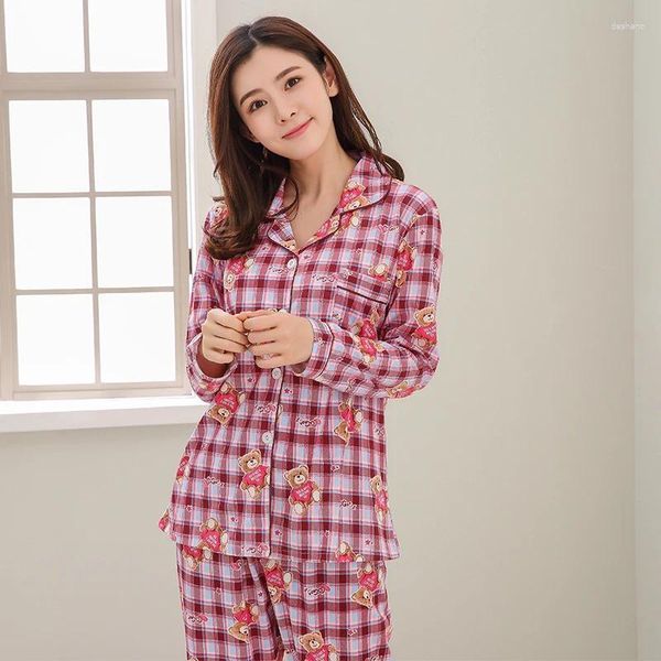 Roupas em casa Elegantes mulheres de luxo confortável Pijama de algodão conjunto mãe impressão de pijama de manga comprida