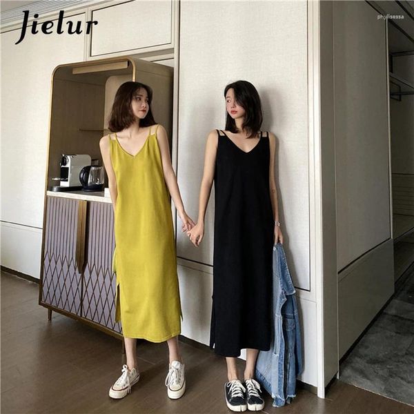 Abiti casual Abito estivo a V-Neck Colore solido 2024 Donne a maglia Slip Slim Chic Vestidos Long Robe Femme Black