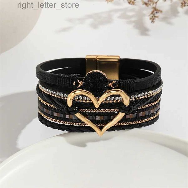 Bangle New Metal Heart Charming Leder Armband Damen Fashion Bohemian Strassharz Verpackung Armband Paar Schmuck YQ240409