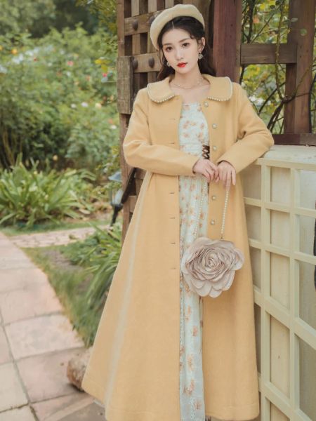 Mulheres Pearl Peter Pan Collar Lovely Chic Coat sobretudo sobrecarregando o estilo francês casacos amarelos Lady Korean Design Casual Casual Casual