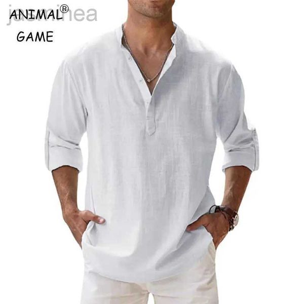 Camisas casuais masculinas Novas camisas de algodão masculino de linho casual de manga comprida Boto da banda de camisa colar tops soltos m-5xl 2449