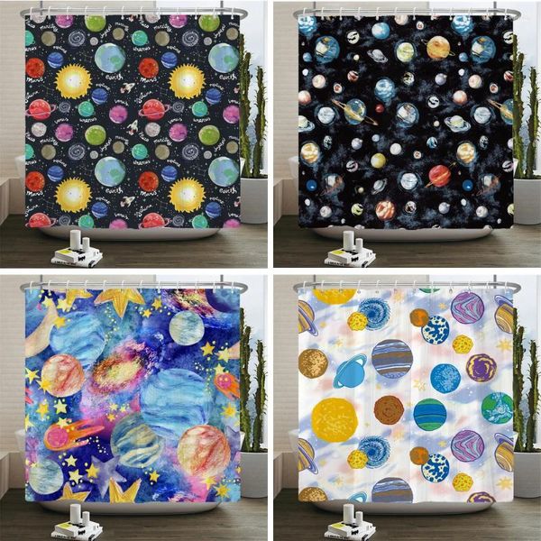 Duschvorhänge Cartoon Universe Planet und Sonnensystem Vorhang 3D -Print Sternenhimmel Babyzimmer mit Haken Frabic Badezimmer