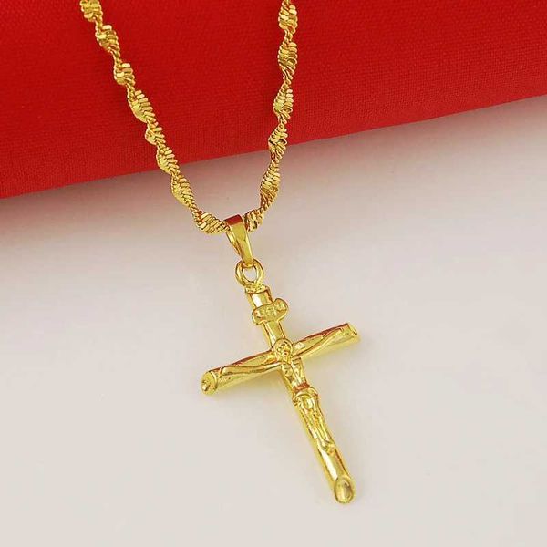 Colares pendentes verdadeiros pingentes e colar cruzados de ouro 24k adequados para homens/mulheres.Cadeia de ouro Jóias cristãs religiosas Presente de Natal