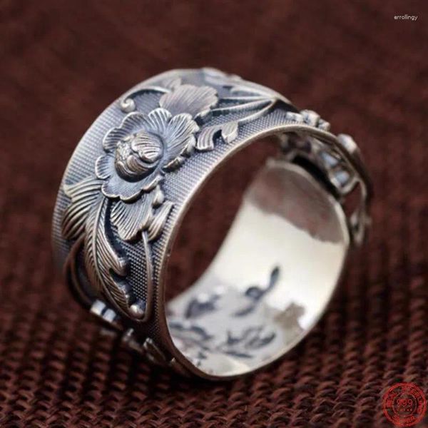 Rings cluster S999 Sterling Silver for Women Genuine Fashion Relief Vintage Peony Flower Regolable Pure Argentum Jewelry