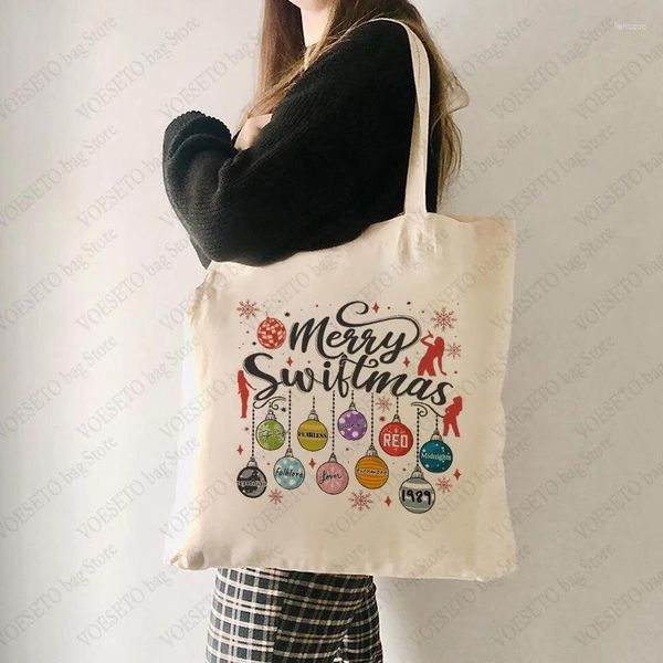 Einkaufstaschen Frohe Swiftmas Die Eras Tour Muster Tasche Leinwand Schulter für Reisen täglich wiederverwendbares Weihnachtsgeschenk für Frauen