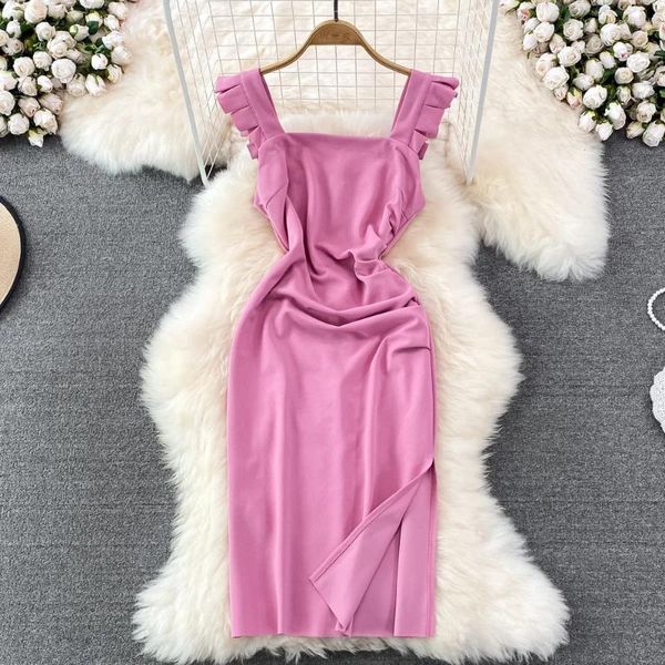 Lässige Kleider Sommer koreanische Mode Frauen Kleid 2024 Retro Square Kragen Plissee Schulterimperium Schlanke fit knielange Abendparty