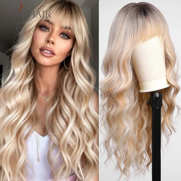 Percrícios Long Blonde ombre Brown Sintéticos Perucas de Platina Ondulada com Bang para Mulheres Diário Partido Cosplay Resistente ao Calor 240402