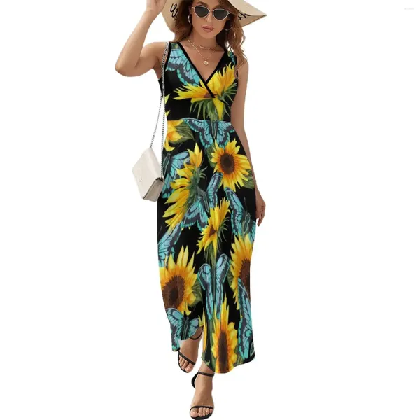 Lässige Kleider Sonnenblume Schmetterling Muster Kleid elegante Maxi gegen Nacken Böhmen lange Street Mode große Größe Vestidos