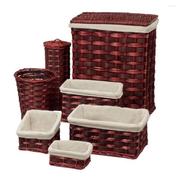 Wäschetaschen 7-teiliger Wicker Hamper und Bad Combo Set Schokoladenbrauner Kleiderkorb Waschbeutel