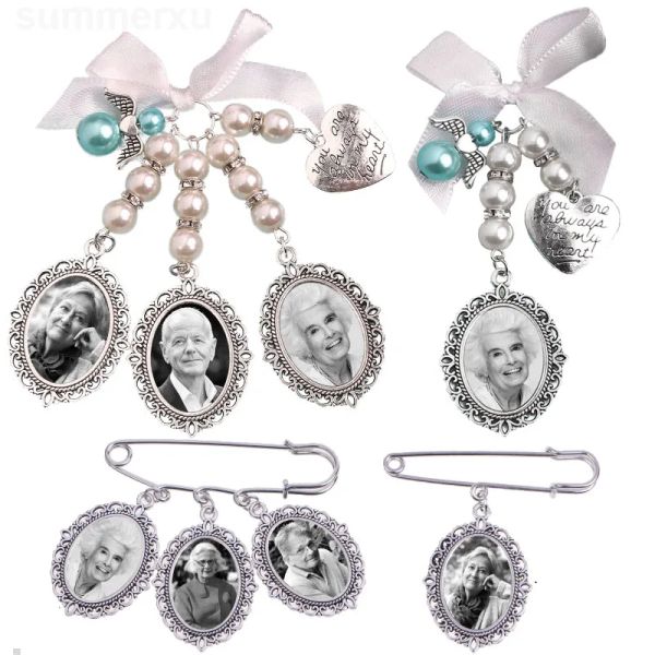 Família de casamento Bowknot Photo Gemiter Angel Pinging Broche Oval Bouquet Charm Pin Wedding Boutonniere para Mãe da Noiva