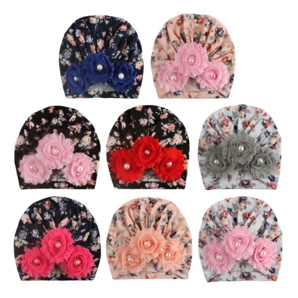 Cappelli da bambina di nuovo primavera berretto da stampa floreale dolce con decorazioni floreali in pizzo per bambini morbido per la testa di turbante a favore della pelle