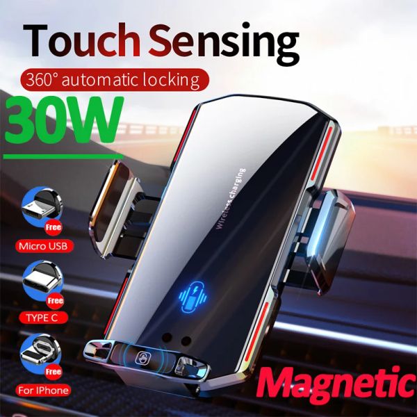 Ladegeräte 30W Auto Wireless Ladegerät Magnetische automatische Klemme Schneller Ladewagen -Auto -Telefonhalter für iPhone 14 13 12 Samsung S20 S10 Universal
