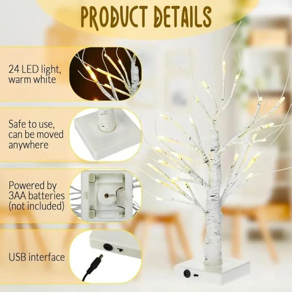1pc 24 LEDs Birch Tree Light USB Batterie Power Funkeln Baumfee Baumlampe für Partyschlafzimmer Weihnachten im Freien Dekoration