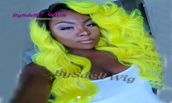 Unicorn Mermaid Drag Queen peruca sintética Lace frontal peruca dois tons Black raiz ombre neon verde amarelo colorido Cabelo renda frontal wig59596660