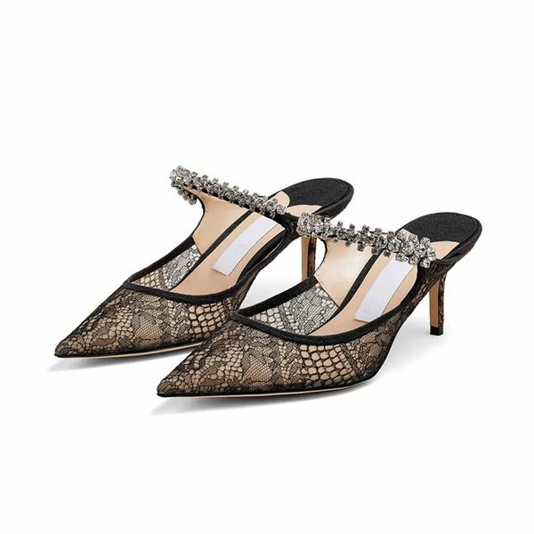 Sandali di rinestone bing cristallo abbellito muli ad alto tallone muli neri da ricamo a fiore in pizzo nero pantofole puntate da donna punta scarpe da donna 35-43