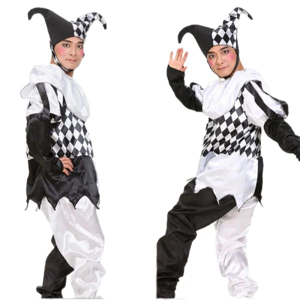 Halloween Carnival costumi divertenti Cosplay Costume da clown in bianco e nero con cappello per uomo set innovativo da donna