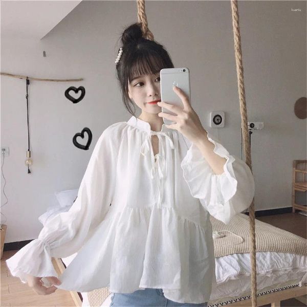 Blusas femininas 2024 outono primavera verão coreana renda up camisas pretas share manga branca camisa feminina doce o colarinho solto blusa