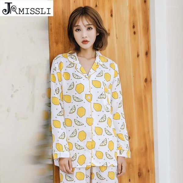 Домашняя одежда Jrmissli Sleepwear хлопковые пижамы женщины с лимонным принтом женский костюм для костюма пижама повседневная одежда сон