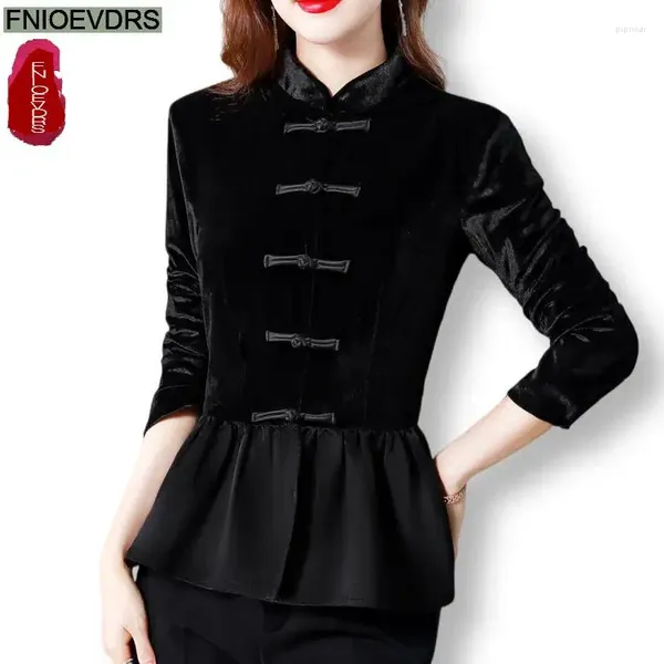 Женские блузки M-5XL 2024 Spring Peplum Black Velvet Tops Женщины базовая одежда офисная леди с длинным рукавом ретро винтажные французские дизайнерские рубашки