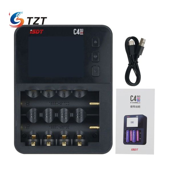 Chargers TZT ISDT C4 EVO Smart Battery Charger com TypeC QC3.0 Saída para aaa AAA Liion Bateria com tela IPS