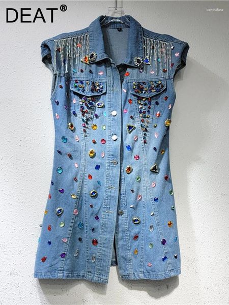 Partykleiderinnen Frauen Denim Kleider ärmellose Diamanten Edelstein Quaste Slim High Taille Single Breaeed 2024 Sommer Mode 29L2129