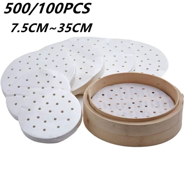 500/100 PCS Hava Fritöz Buharlı Astarları Premium Delikli Ahşap Kağıt Kağıtları Yapışmaz Buharlama Sepet Mat Pişirme Aracı