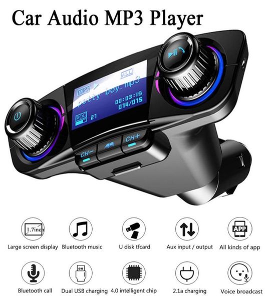 CAR FM transmissor sem fio Bluetooth HandsFree Auto Kit Aux Modulator mp3 player tf dual USB 2.1a Power On Off Display O8525333