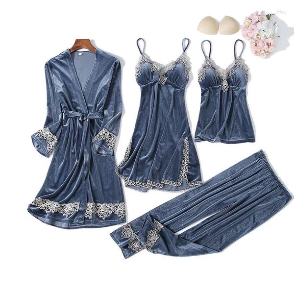 Caso Casual Mulheres Sono Conjunto Sexy Lace 4pcs Marinha Azul Pijamas Suit Autumn Sleepwear Lingerie íntima Nightwear