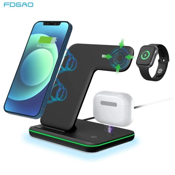 Carregadores 3 em 1 15W QI Wireless Charger Dock Station para iPhone 14 13 12 11 xr xs x 8 Apple Watch 8 7 AirPods Pro indução de carregamento rápido