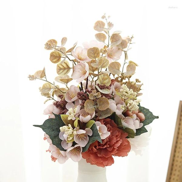 Flores decorativas Autumn Artificial Retro Silk Peony como o Big Bouquet Real Bouquet Fake Plants Wreath Home Diy Diy Wedding Outdoor Decoration