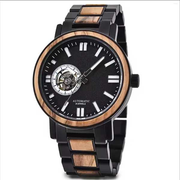 Armbanduhrenbeobachter Herren Holz mechanisch leuchtend wasserdichtes Uhren Multifunktional Analog mit verstellbarem Gurt Urlaubsgeschenk für Männer