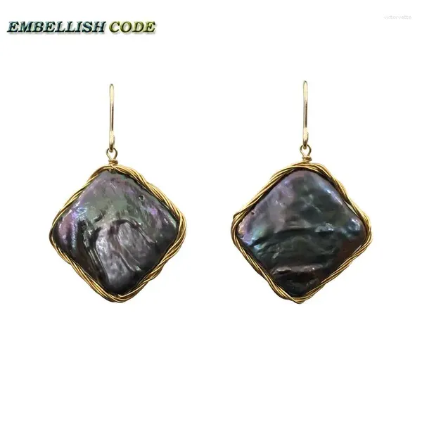 Brincos de bronzeado DiNe Design Diy Feito à mão Ferzia barroca Bloco plano Rhombus Shape Grande Brincho de gancho preto Fio dourado incomum