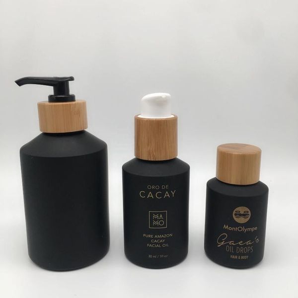 Aufbewahrung Flaschen Hautpflege Verpackung Bambusglas Tropper Flasche Schwarzer Frostspray Luxury Pump Shampoo Lotion