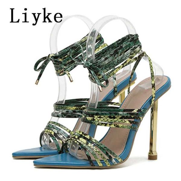 Kleiderschuhe Liyke Größe 35-42 Rotblau dünne High Heels Sandalen für Frauen Sommer modische Zehen Schlangendruck Schnürung weibliche Pumpen H240409 SRMK