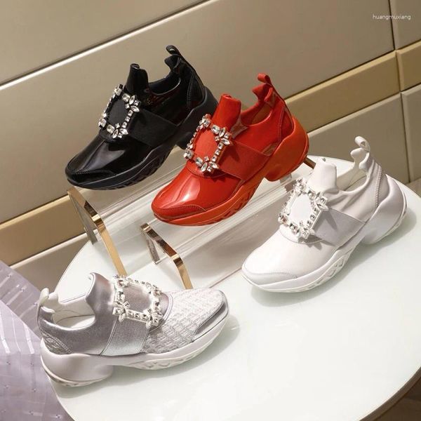 Fitness Schuhe Designer-Marke Crystal Diamond Damen Ribbon Quadratknopf atmungsaktive Socken Nicht-Schlupf-Leder laufen