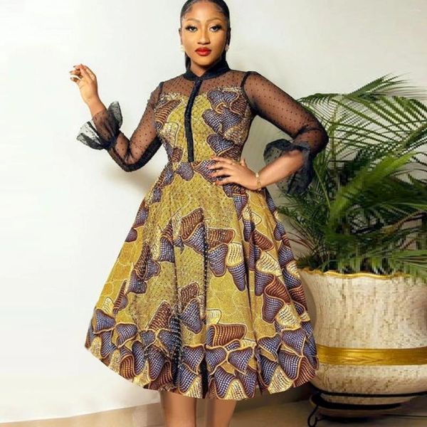 Sıradan Elbiseler Kadın Partisi Gece Elbise Moda Örgüsü Baskılı Gevşek Bel Bow Tie A-Line İnce Vintage Tasarım Hemline Afrika