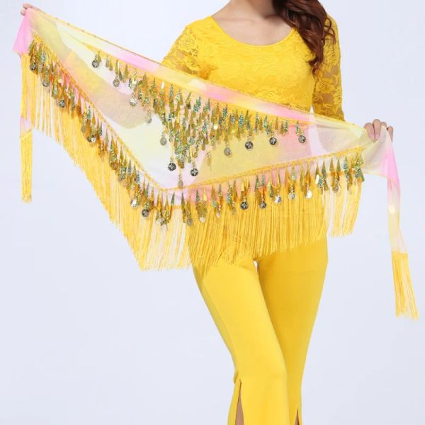 Belly Dance Hip Rock Schal Wrap Taillengürtel Bling Golden Münze Pailletten Quader Quasten Bauchtanzen