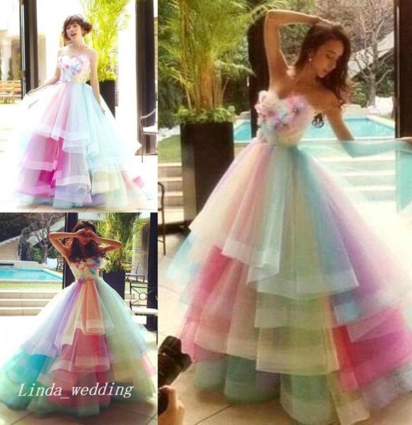 2019 Rainbow Multi Colors Dress Prom Vestido de alta qualidade Vestido de bola Sweetheart Tulle Longo Ocasiões especiais coloridas Vestido formal Dre7537638