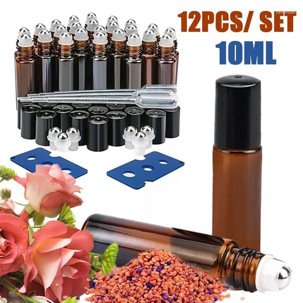 Garrafas de armazenamento mini 12pcs rolam em rolo de vidro vazio âmbar 10 ml para desodorantes de perfume essencial de óleo