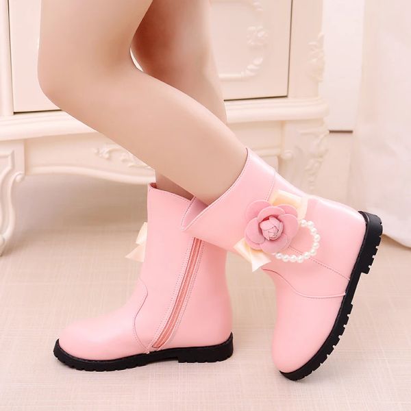 Ботинки детские сапоги 2022 Новые модные цветочные бусины Princess Little Girls Winter Shouse Big Kids Boots 3 4 5 6 7 8 9 10 11 12 -й год