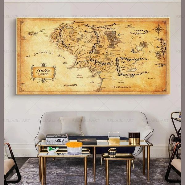 Pintura de lona de mapa de mapa do senhor de anéis, impressão moderna de mapa da Terra Média-Terra Mãe Poster de Arte da parede de arte para casa Decoração de sala de estar sem moldura sem moldura