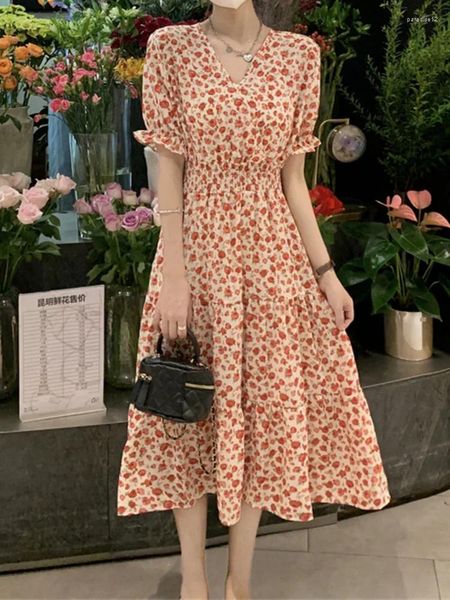 Partykleider Blumen Retro V-Ausschnitt A-Linie losen mittleren Kleid Frauen Sommer koreanische Puffhülle Feiertagsstil Weiblich