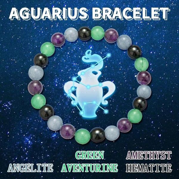 Sinais de doze signos do zodíaco - Aquário: Binchas de cristal redondo de 8 mm Aquarius Bracelet (pulseira Aquarius Birthstone)