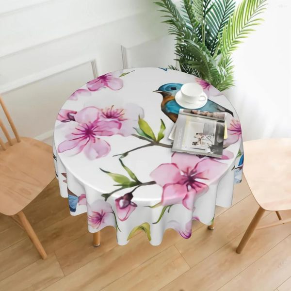 Tanta de mesa Flores de cerejeira em aquarela redonda Borboletas e beija -flores de toalha de mesa redondos 60 polegadas