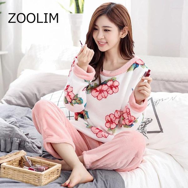 Home Clothing Zoolim Winter Dicke warme Flanell Frauen Nachtwäsche Blumendruck Pyjamas Sets Langarm Pyjamas 2 Stück Wear Sleep Lounge