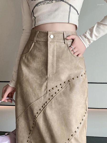 Skirts Street Wear Autunno Winter 2024 Faux Pu Leather Rivet Pocket Skirt Woman High Wasit Front Divid tutta abbinata a lungo