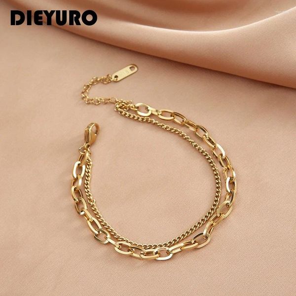 Link Armbänder Dieyuro 316L Edelstahl Punk 2 Schicht Armband einfache unregelmäßige Kette Gold Silber Farben Frauen Männer Schmuck Paare