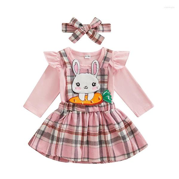 Kleidung Sets Baby Girls Ostern 3pcs Pink Flying Sleeve Strampler Stickerei Plaid Rock Stirnband