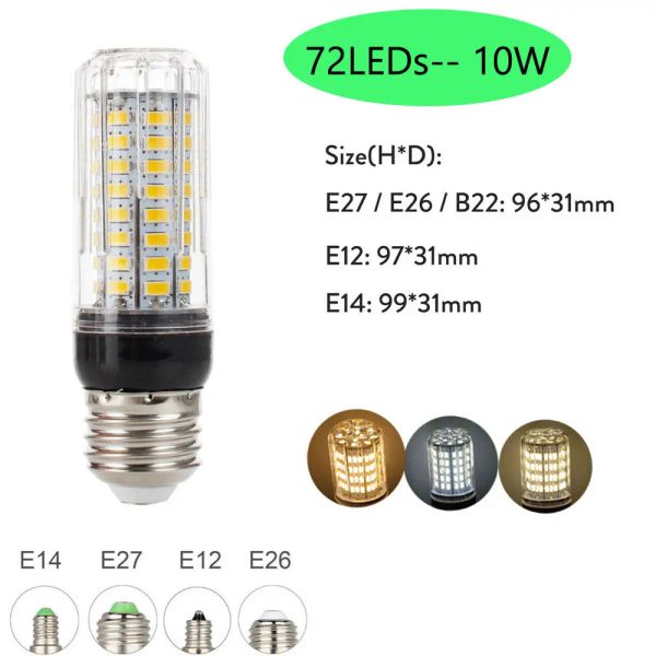 10x Dimmable E27 E26 E12 E14 B22 12V Lâmpadas de milho LED SMD 5730 10W lustre de mesa de mesa de lustre 72LEDS Substitua o frio e quente branco