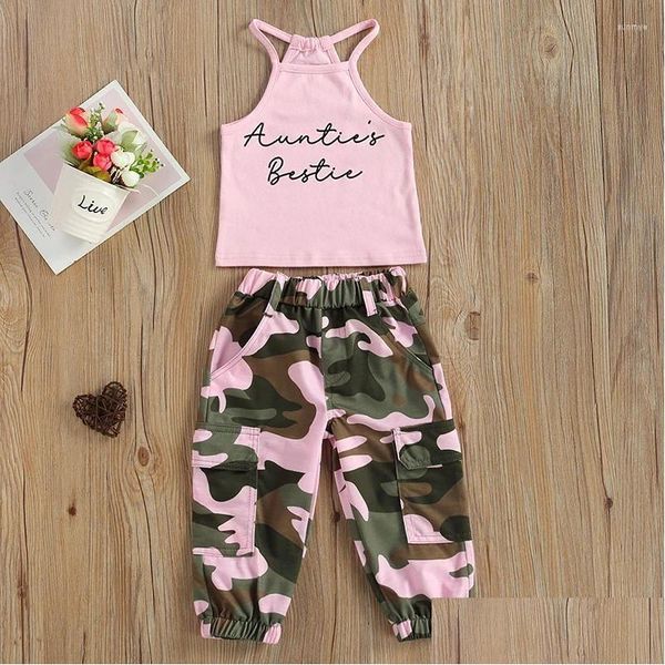 Kleidungsstücke Kinder Girls Hosen Set ärmellose Buchstaben Druck Camisole mit Tarnhose Sommer -Outfit Drop Lieferung Baby Mutter DHNE9